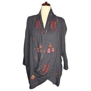 Caite Top Size L Grey Embroidered Wrap Dolman Sleeve Boho Cotton Flowy